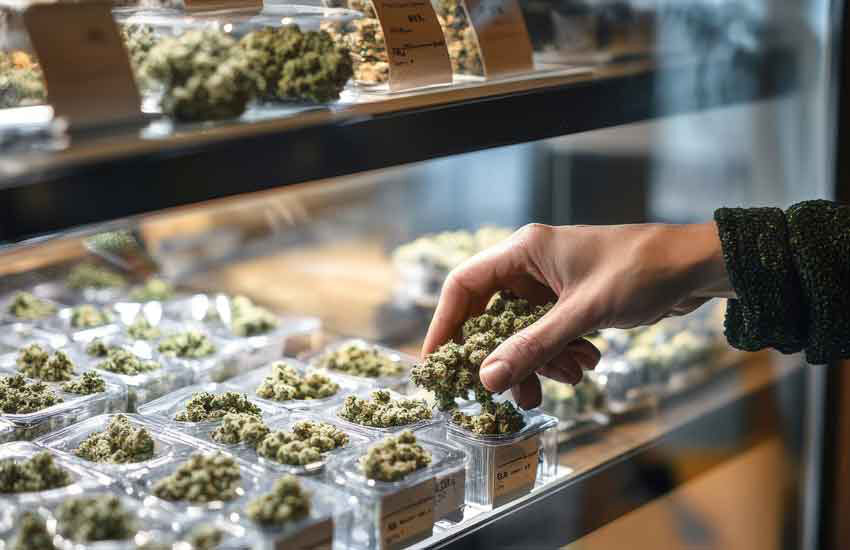 Hand selecting cannabis flower from a dispensary display case