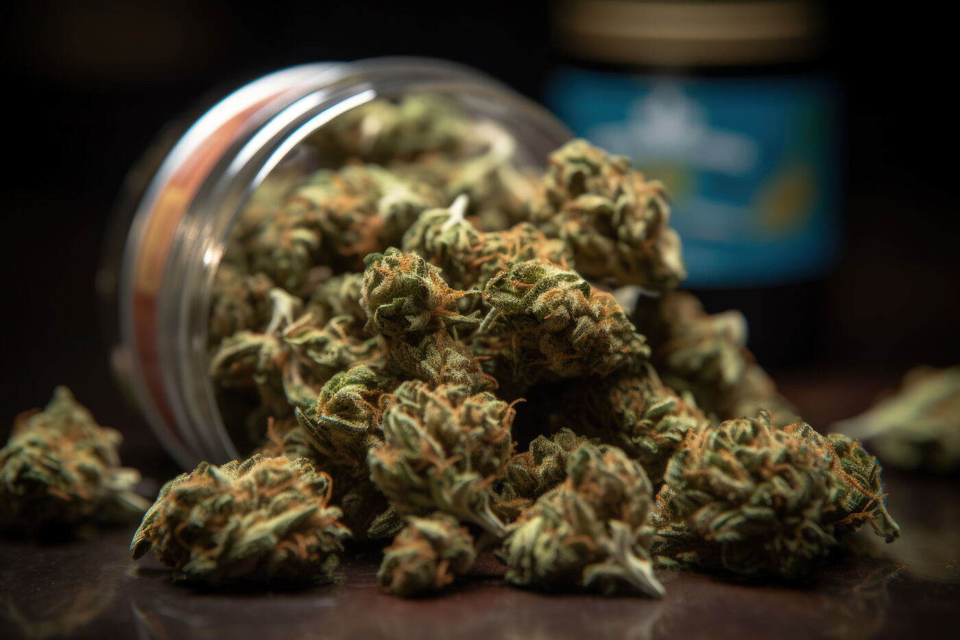 Dried cannabis buds spilling from a glass jar