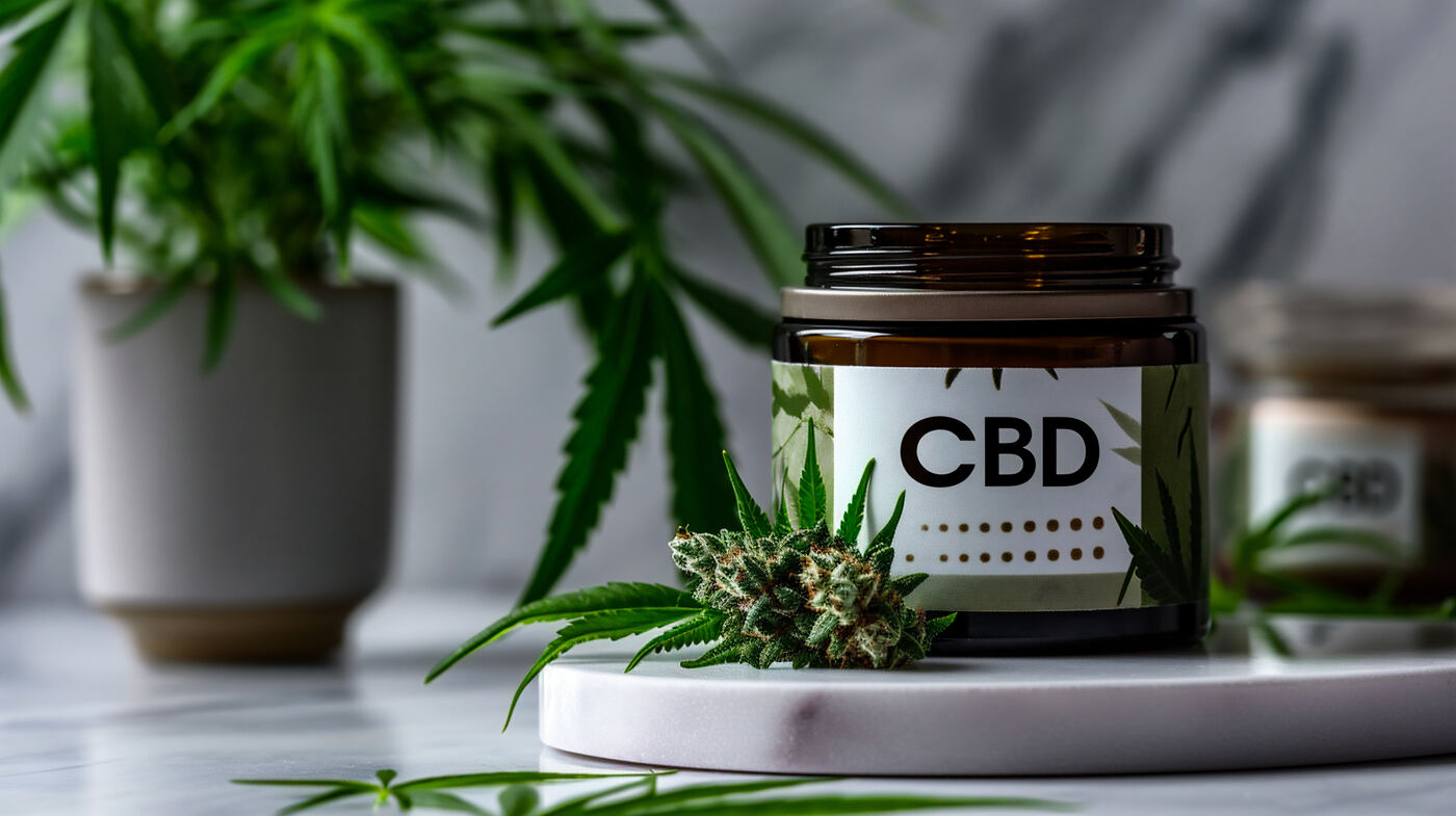 Jar of CBD product beside a fresh cannabis bud and leaves