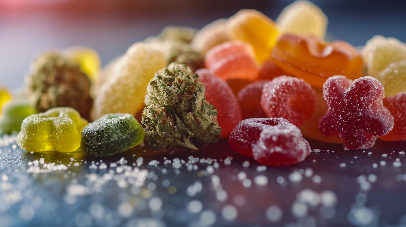 Colorful low-dose THC gummies beside a cannabis bud