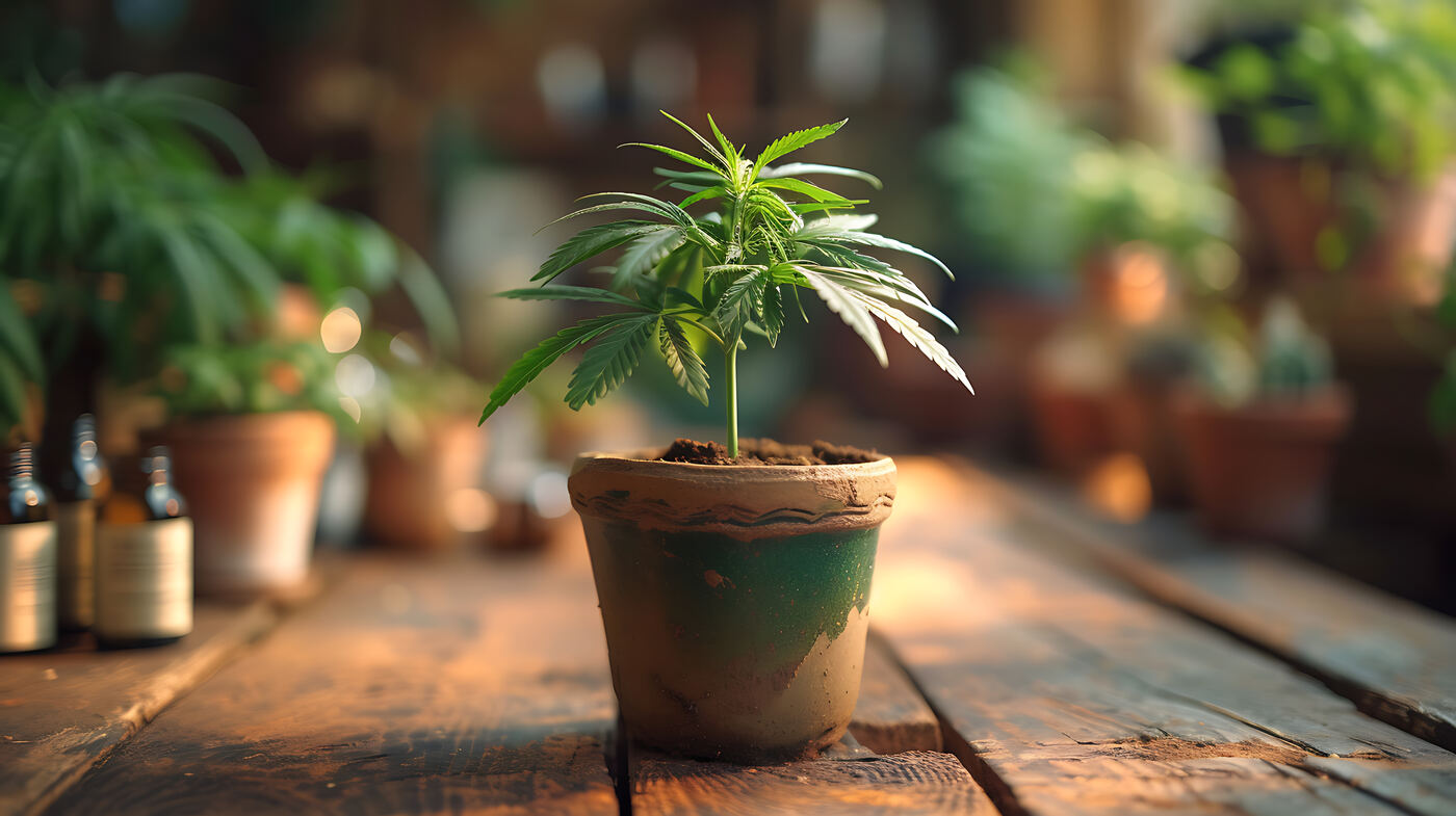 Young cannabis plant growing in a pot on a wooden table