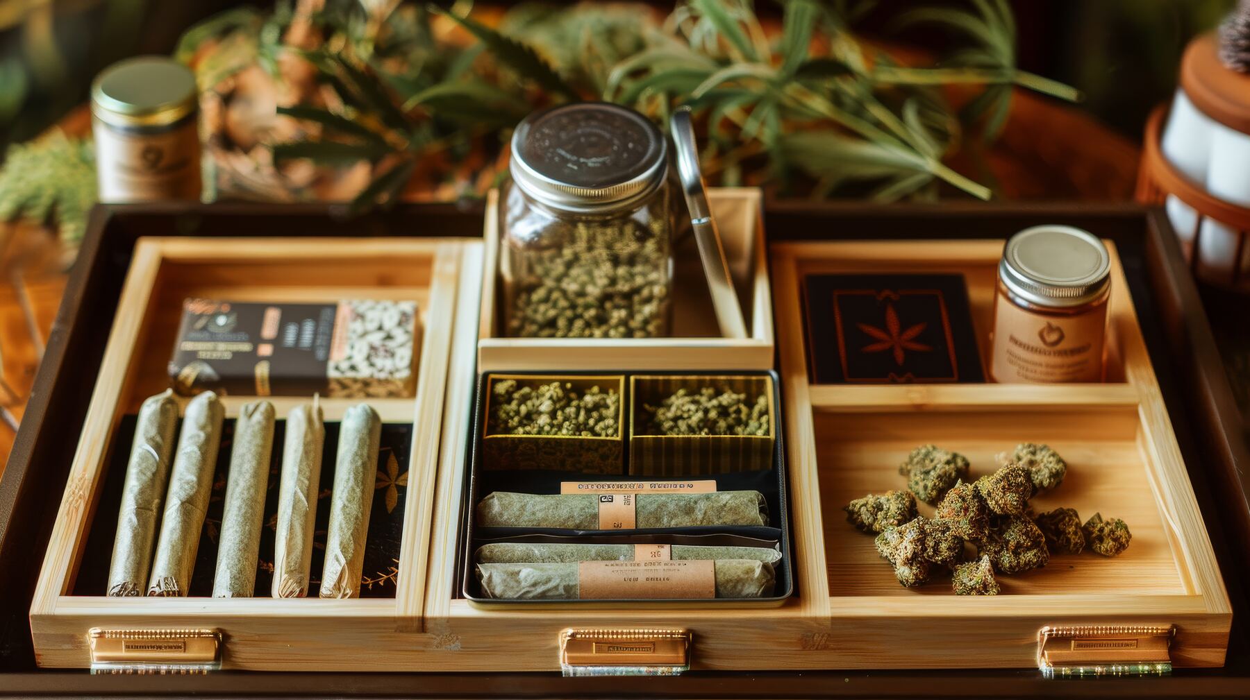 A variety of cannabis strains and products on a tray